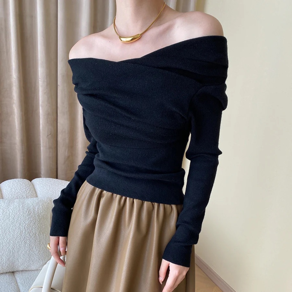Off Shoulder Wrap Long Sleeve Knit Top